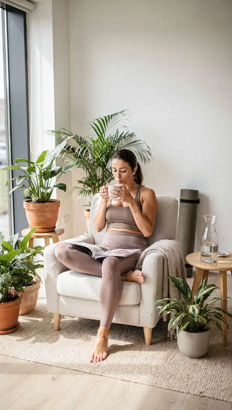 Bylinkový čaj s čerstvými bylinkami na stole, obklopený sviečkami a relaxačnou atmosférou