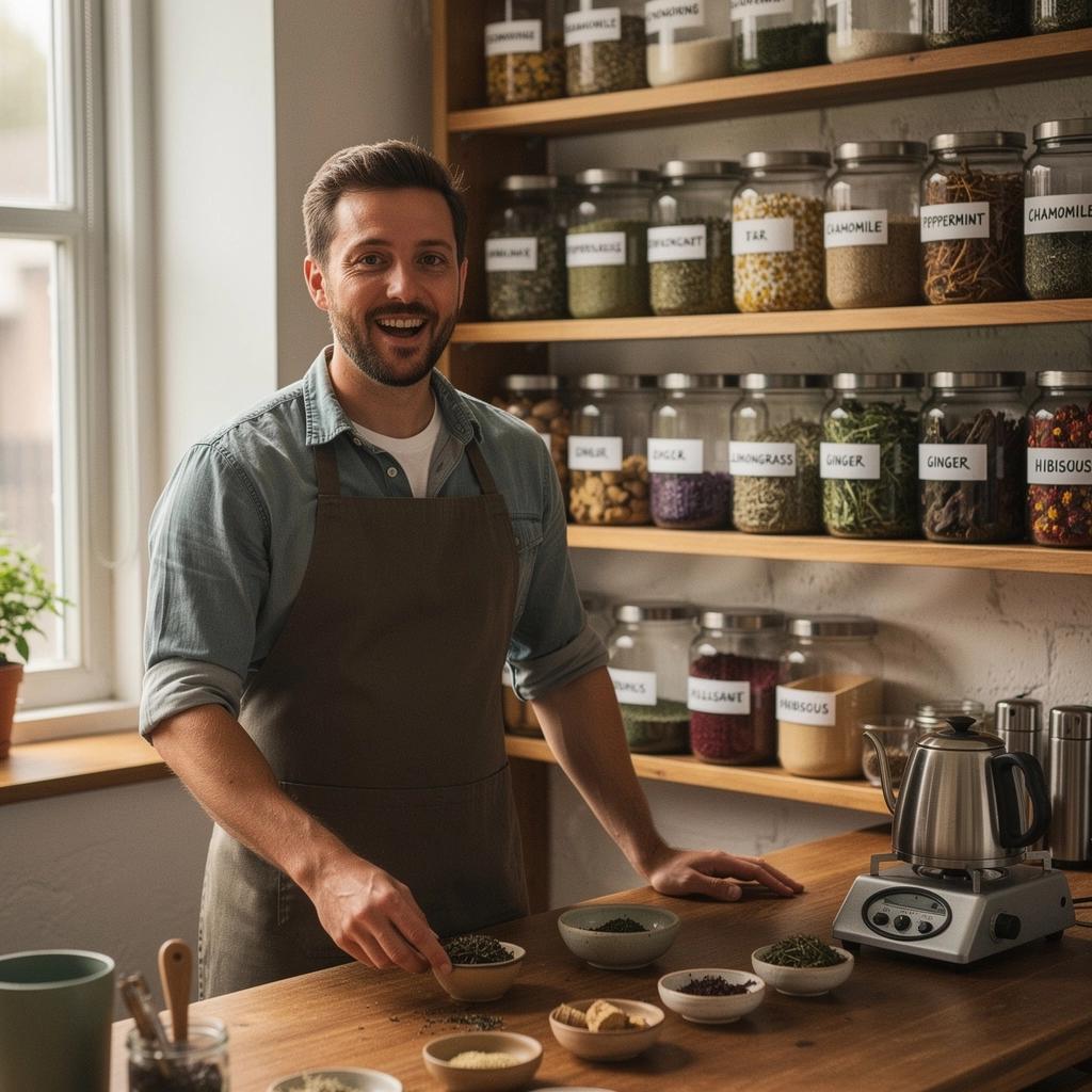 Sklenená fľaša s bylinným nápojom a v pozadí kvetinová dekorácia.